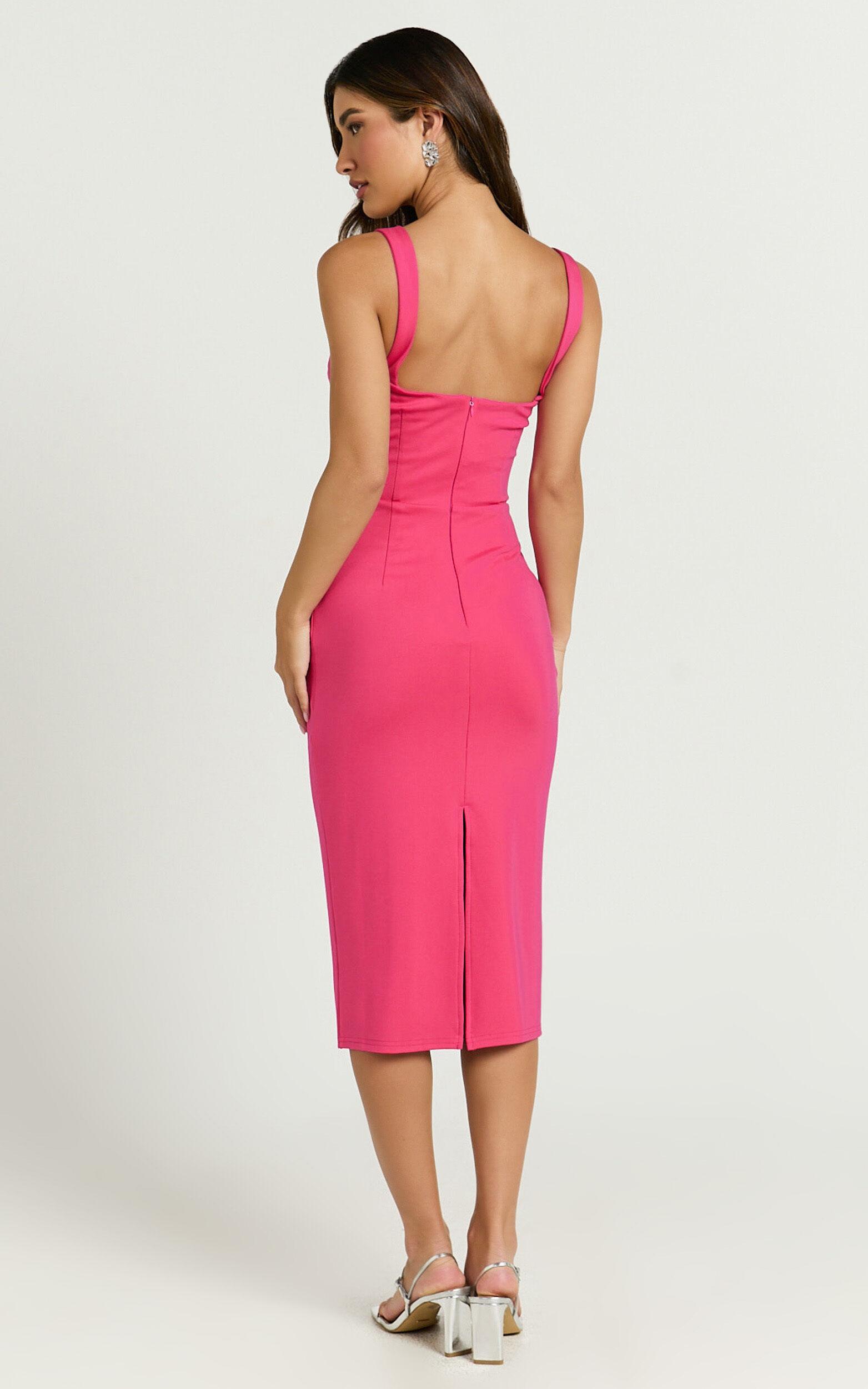 Tiffy Midi Dress - Square Neck Ruched Bodycon Dress in Pink Product Image