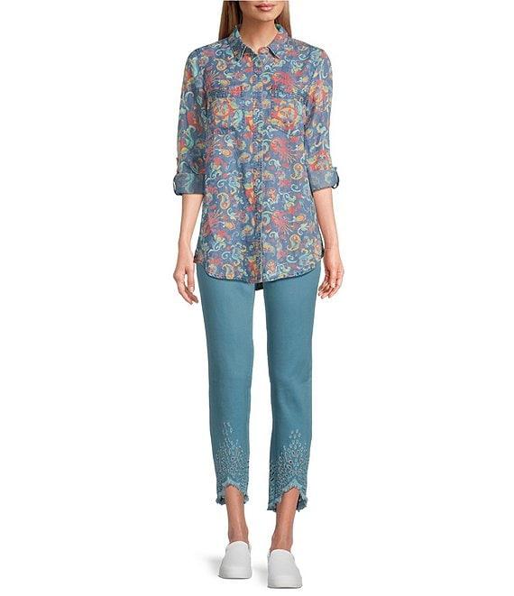 Intro Straight Leg Tulip Eyelet Embroidered Frayed Hem Pull-On Ankle Pants Product Image