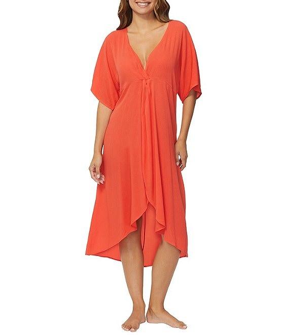 Raisins Solid Paradise V-Neck Flowy Tulip Hem Swim Cover-Up Dress Product Image