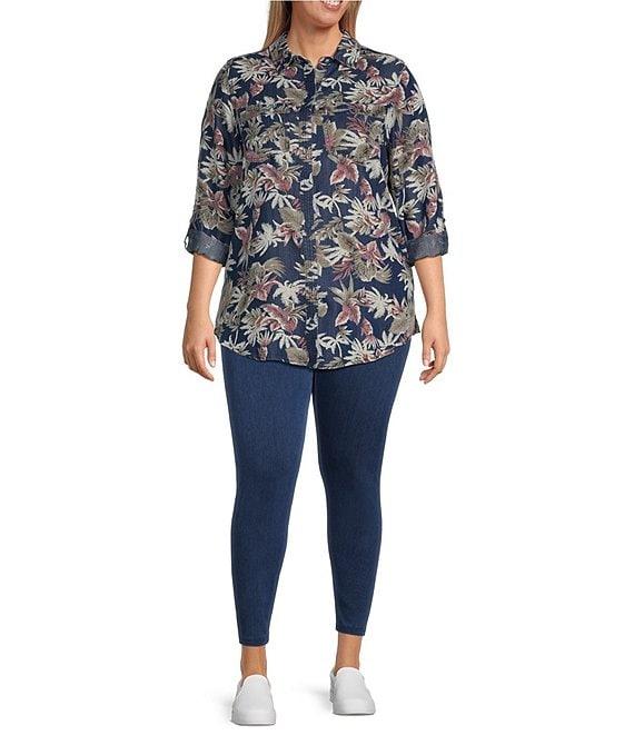 Intro Plus Size Lyocell Slub Dark Wash Pal Print Point Collar Long Roll-Tab Sleeve Shirt Product Image