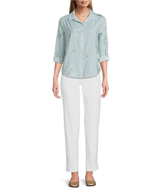 Multiples Petite Size Slub Crinkle Embroidered Stripe Point Collar Long Roll-Tab Sleeve Button Front Shirt Product Image