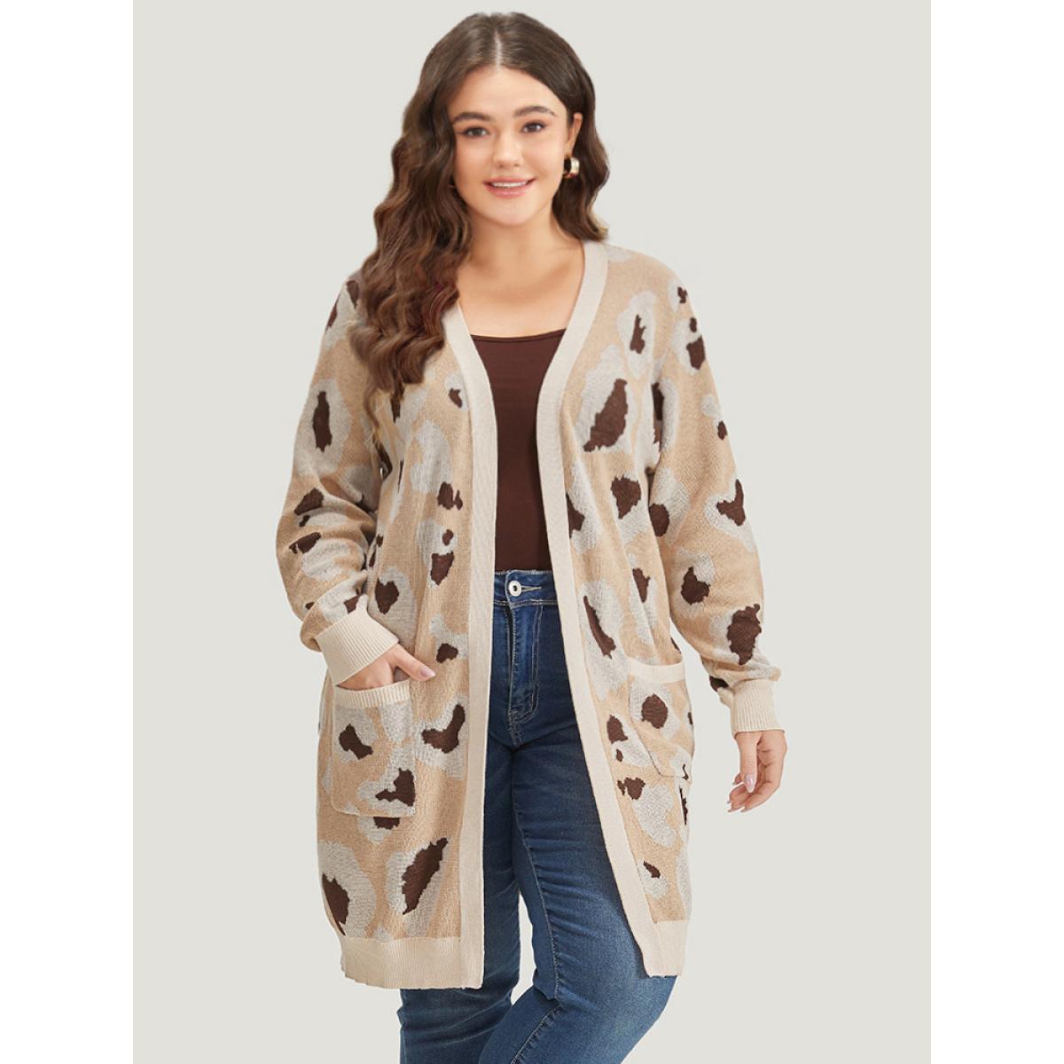 Plus Size Leopard Print Open Front Patched Pocket Cardigan Leopard Women Casual Loose Long Sleeve Dailywear Cardigans BloomChic 12/L Product Image