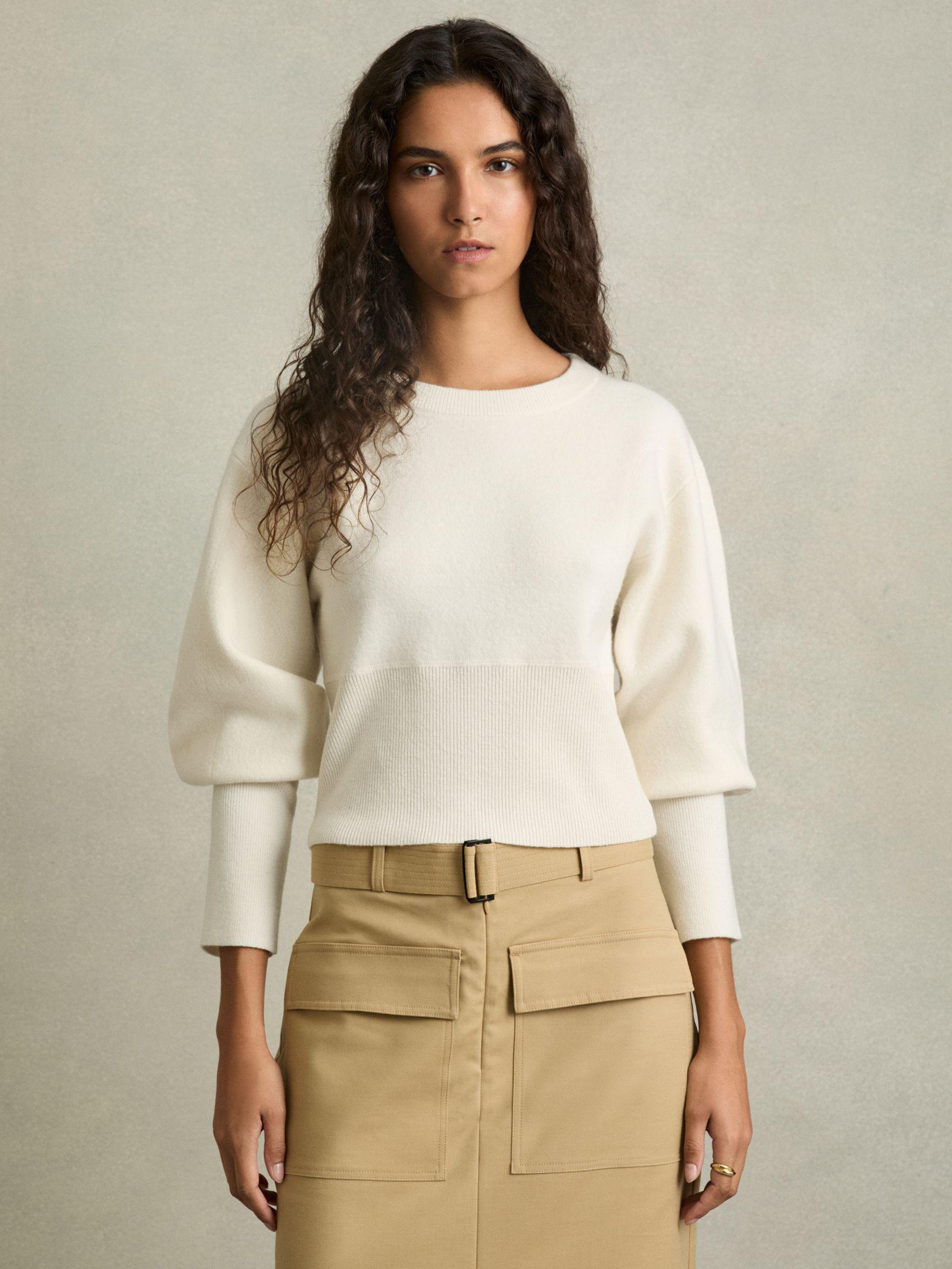 Wool-Blend Balloon-Sleeve Cropped Jumper in Cream Product Image