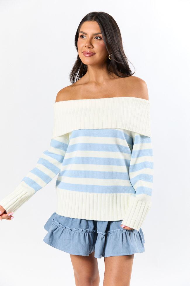 Undertow Feelings Ivory and Blue Striped Off The Shoulder Sweater FINAL SALE Product Image