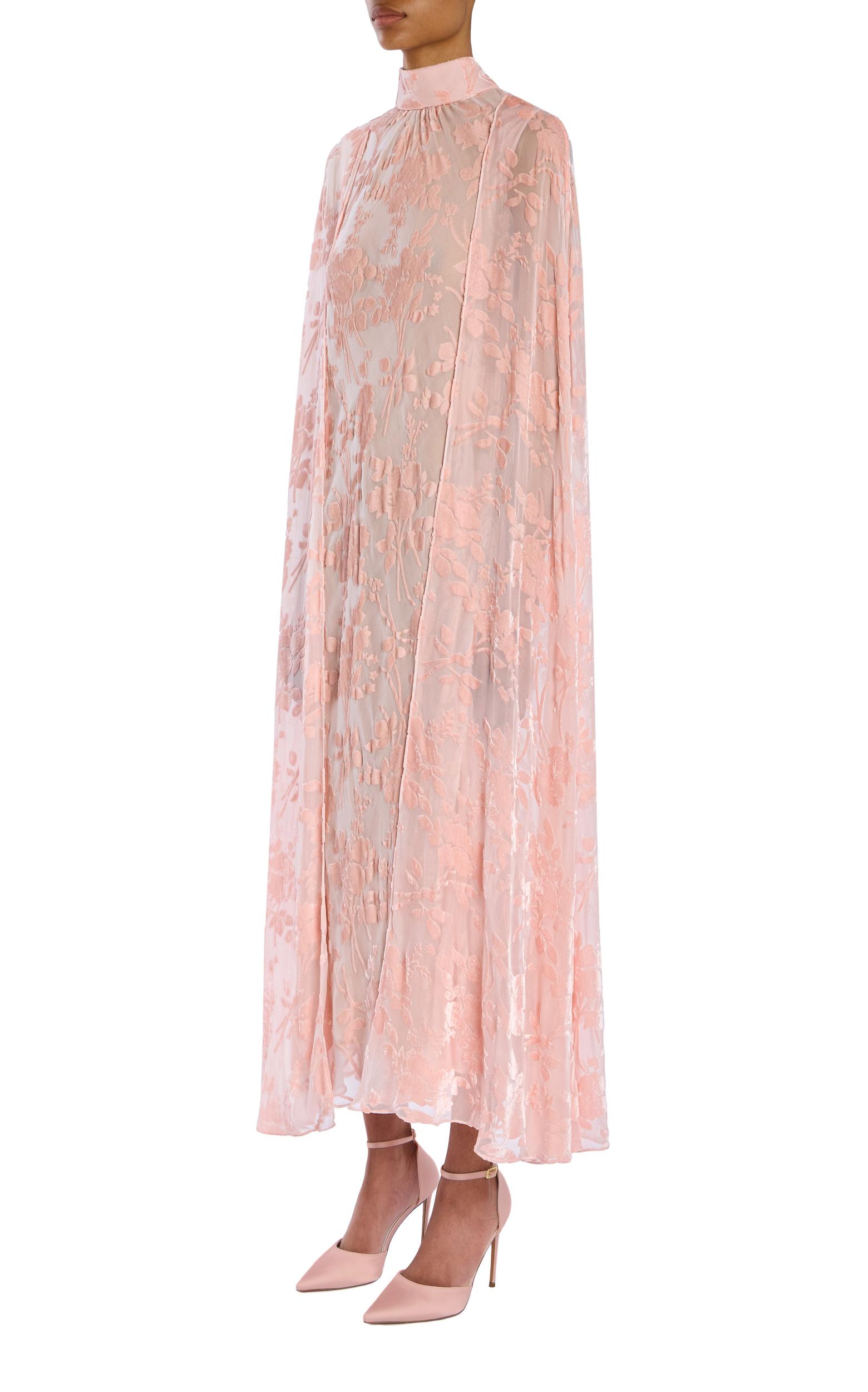 Pink Floral Velvet Devoré Cape Dress Product Image
