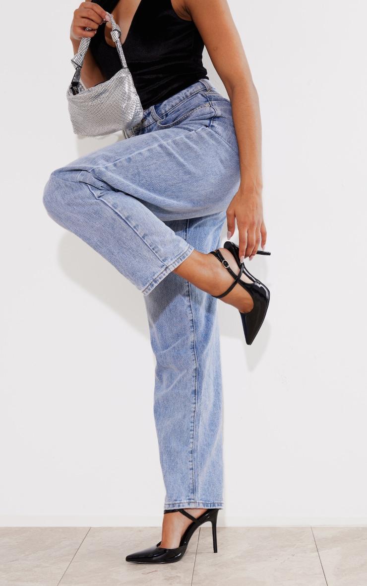 Black Wide Fit Patent Pu Point Toe Cross Strap High Heeled Courts Product Image