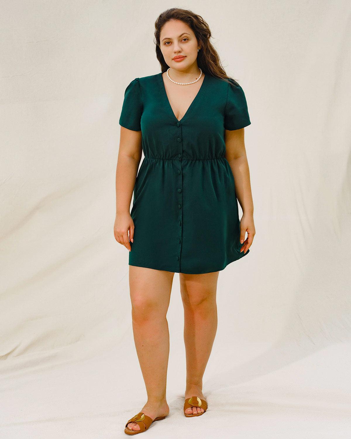 Green Puffed Sleeve Plus Size Mini Dress Product Image