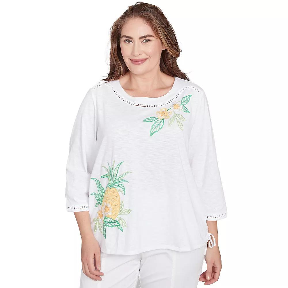 Plus Size Alfred Dunner Embroidered Pineapple Top, Women's, Size: 3XL, White Team Product Image