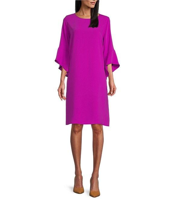 Caroline Rose Julia Matte Crepe 3/4 Ruffle Sleeve Shift Round Neck Shift Dress Product Image
