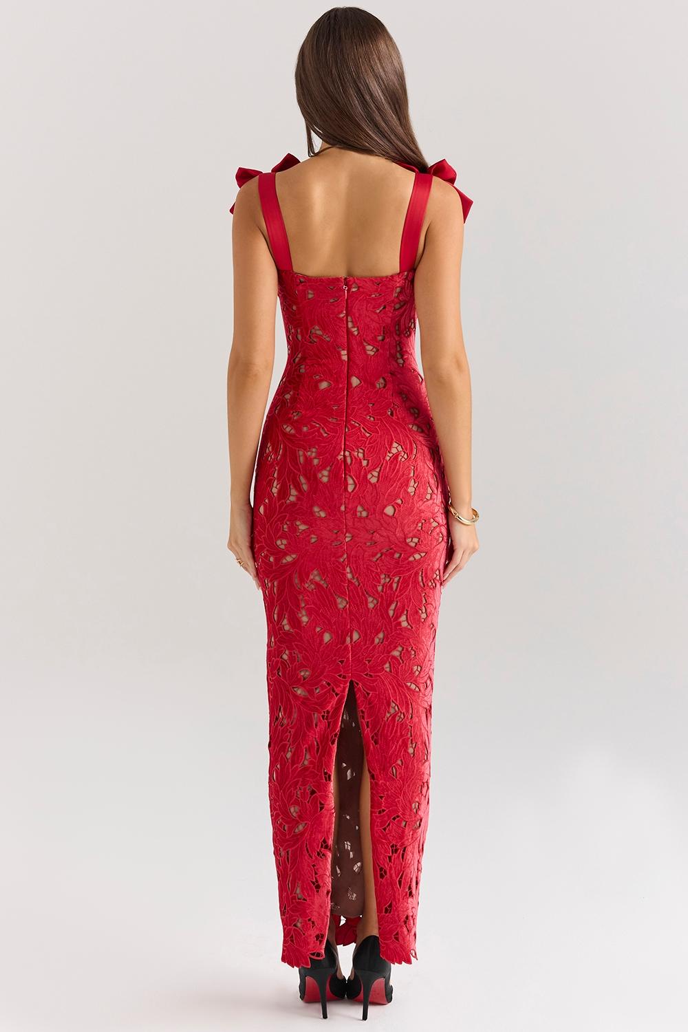 Tiff  holly red velvet lace maxi dress Product Image