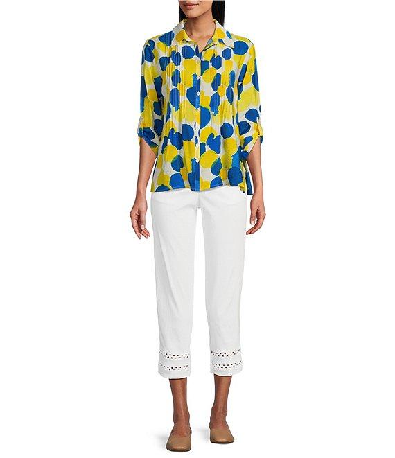 Multiples Petite Size Crinkle Woven Printed Point Collar 3/4 Cinched Tab Cuff Button Front Shirt Product Image