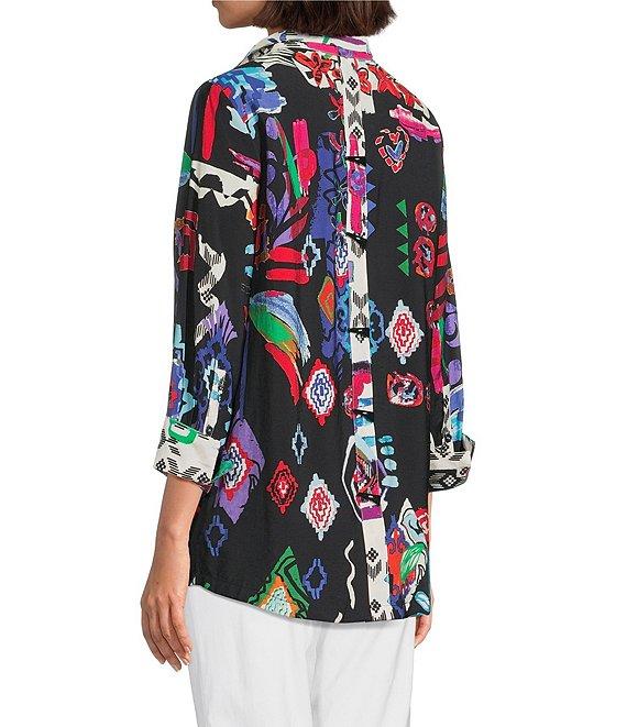 Ali Miles Abstract Printed Woven Wire Collar 3/4 Sleeve Button Front Tunic Product Image