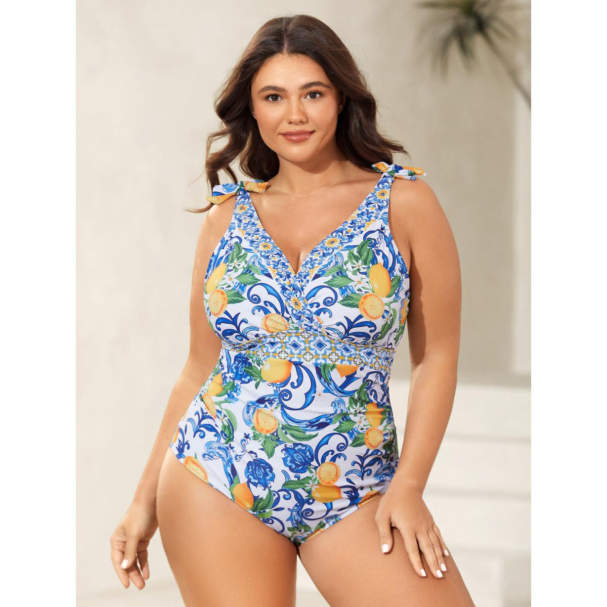 Plus Size Two-Piece Citrus Print Sarong Swimsuit Women's Swimwear Lemonyellow Resort Tie knot Curve Bathing Suits High stretch One Pieces BloomChic 22-24/3X Product Image