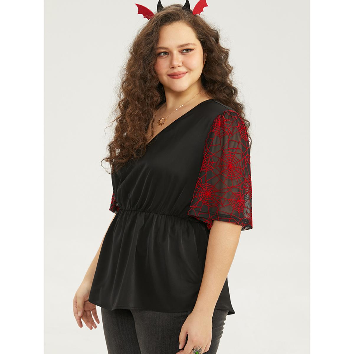 Plus Size Black Halloween Spider Web Mesh Patchwork Elastic Waist Blouse Women Office Short sleeve V-neck Festival-Halloween Blouses BloomChic 22-24/3X Product Image