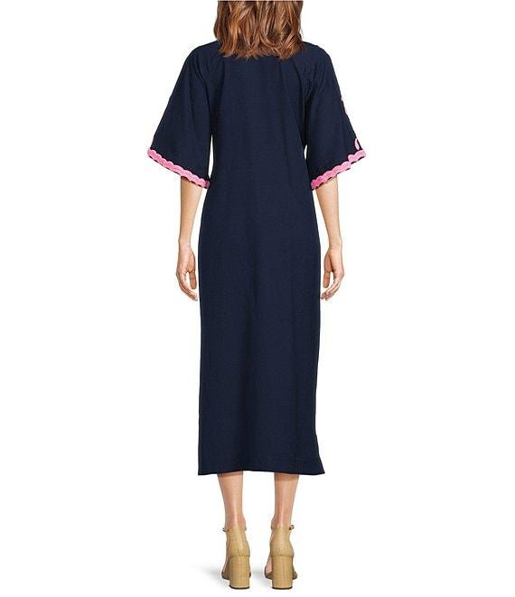 FRANCES VALENTINE Charming Peacock Embroidery Split V-Neck 3/4 Sleeve Caftan Maxi Dress Product Image