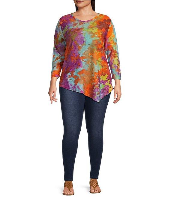 Calessa Plus Size Stretch Burnout Knit Tie-Dye Crew Neck 3/4 Sleeve Asymmetric Hem Tunic Product Image