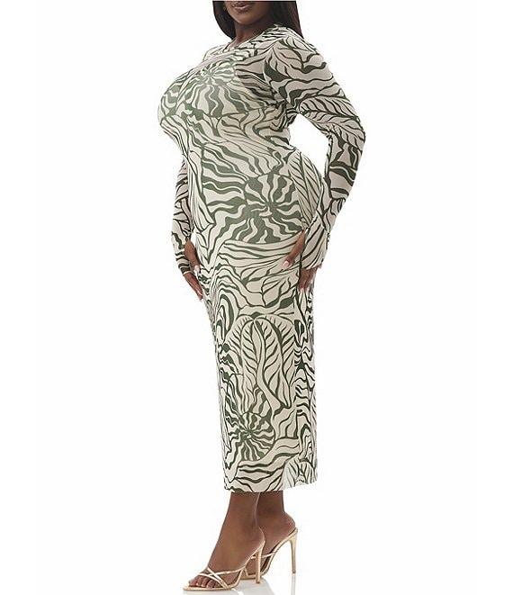 AFRM Plus Size Ashland Printed Mesh Crew Neck Long Sleeves Midi Dress Product Image