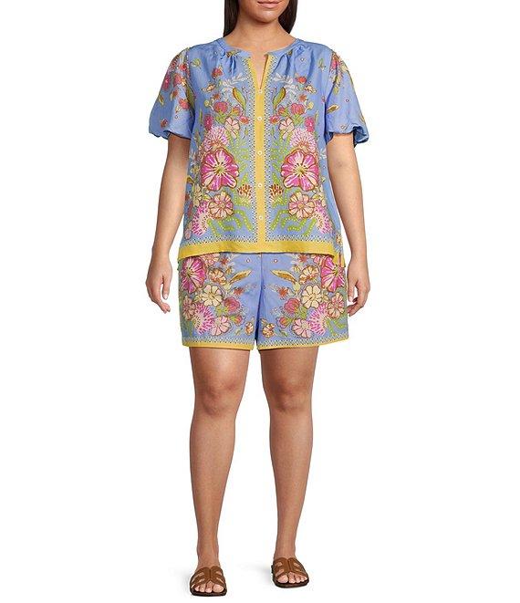 Skies Are Blue Plus Size Coordinating Short Sleeve Floral Border Blouse Product Image