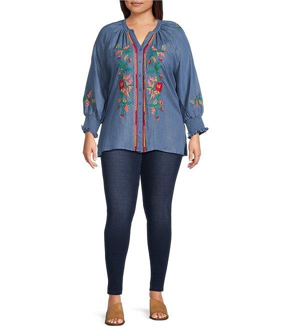 Calessa Plus Size Embroidered Tencel Split Neck 3/4 Sleeve Button Front Tunic Product Image