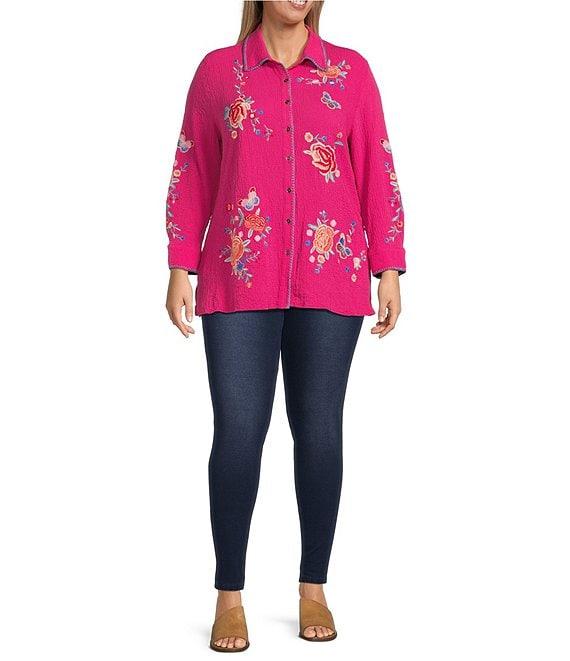 Calessa Plus Size Floral Embroidered Point Collar Long Sleeve Button Front Tunic Product Image