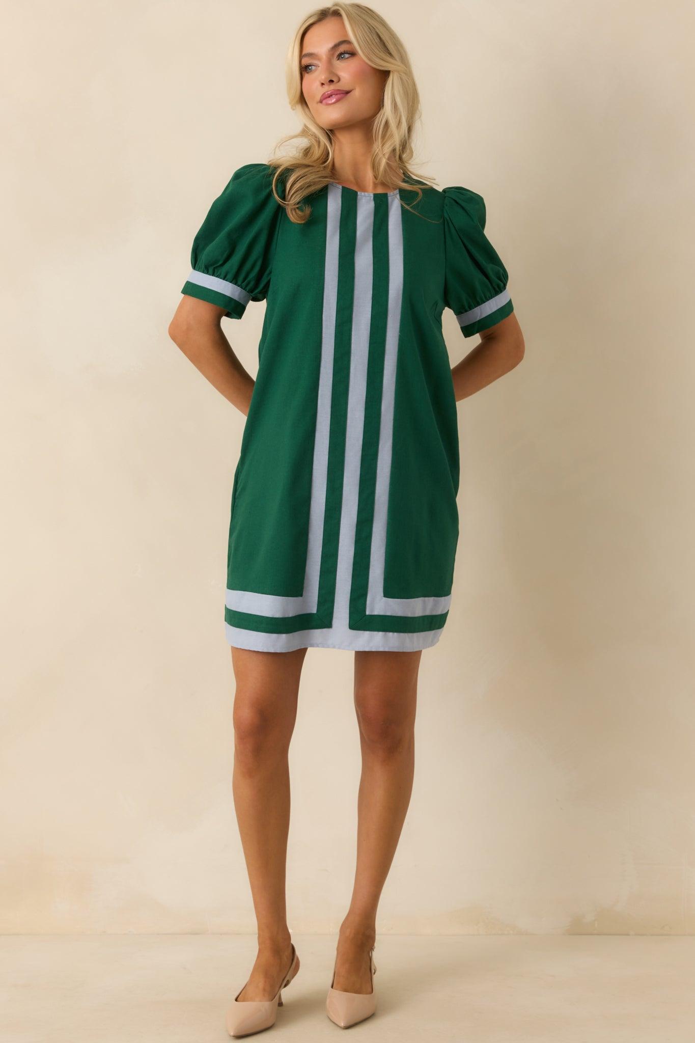 Here For This Hunter Green Linen Blend Contrast Trim Mini Dress L / Green Product Image