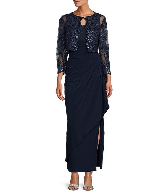 Alex Evenings Embroidered Floral Lace 2-Piece Scoop Neck 3/4 Sleeve Slit 2-Piece Jacket Dress Product Image