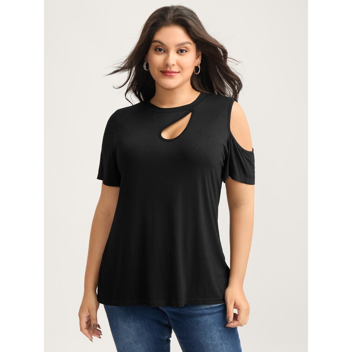 Plus Size Supersoft Solid Cut-Out Shoulder T-Shirt Black Women Timeless Cut-Out Round Neck Elegant T-shirts BloomChic 18-20/2X Product Image
