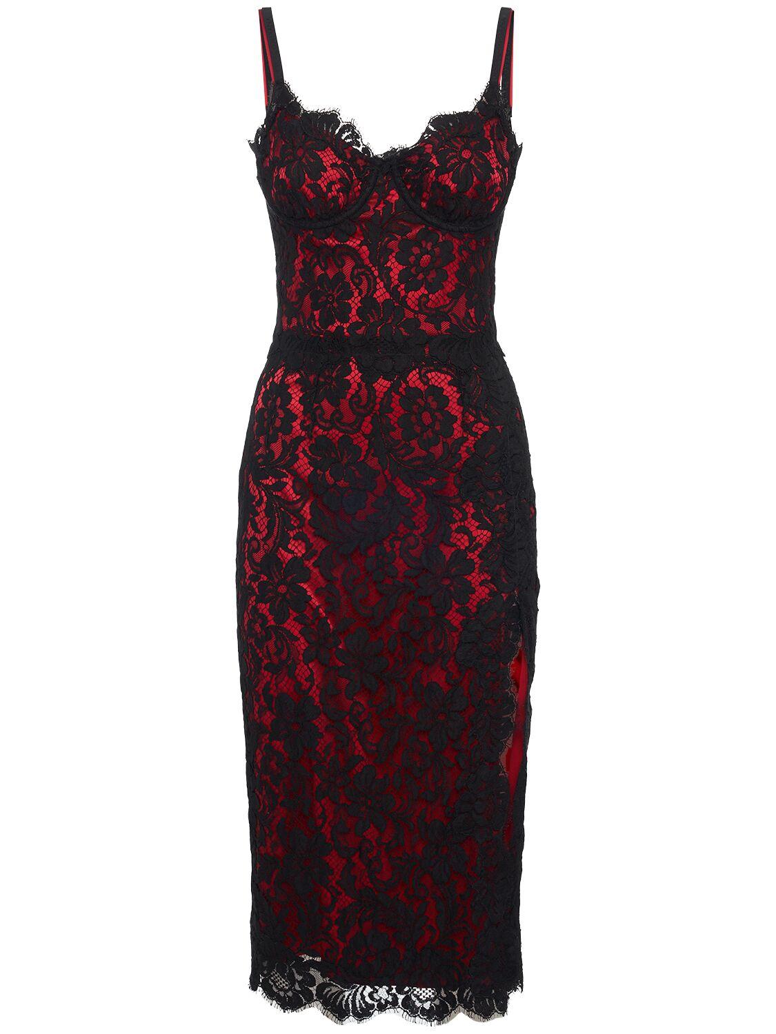 DOLCE & GABBANA Lace Midi Slip Dress In Black/red Product Image