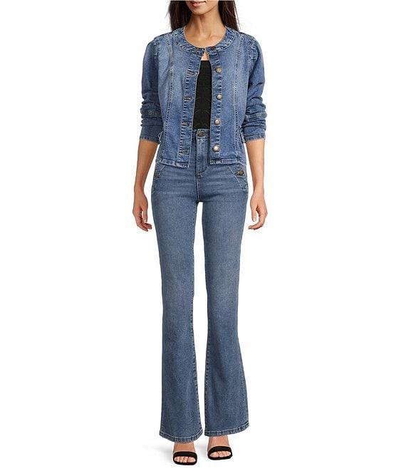 KARL LAGERFELD PARIS Stretch Denim Round Neck Long Sleeve Button Down Jacket Product Image