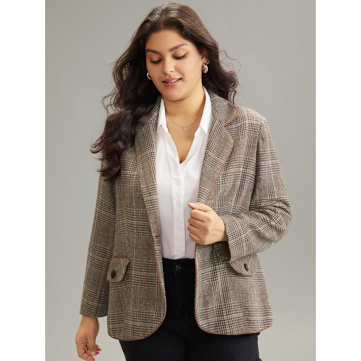 Plus Size Plaid Suit Collar Flap Pocket Blazer DarkBrown Women Work Plaid Lined Sleeve Long Sleeve Suit Collar 10/M Pocket At the Office Blazers BloomChic Product Image