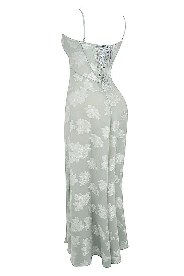 Seren  pistachio floral lace back maxi dress Product Image