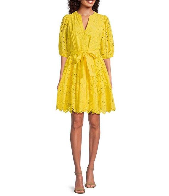 Gibson & Latimer Eyelet Split Round Neck Elbow Puff Sleeve Button Down Belted Scallop Hem Pocketed A-Line Dress Product Image