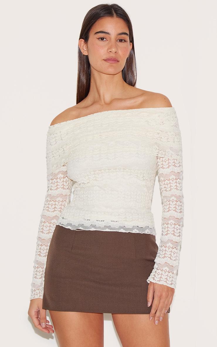 Cream Textured Bardot Long Top Product Image
