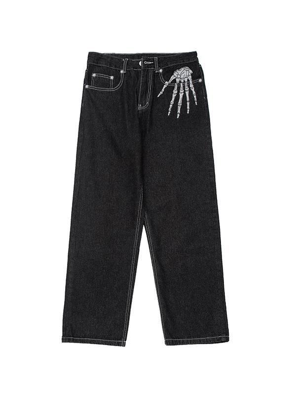 Men's Skeleton Print Stitch Detail Loose Jeans Product Image
