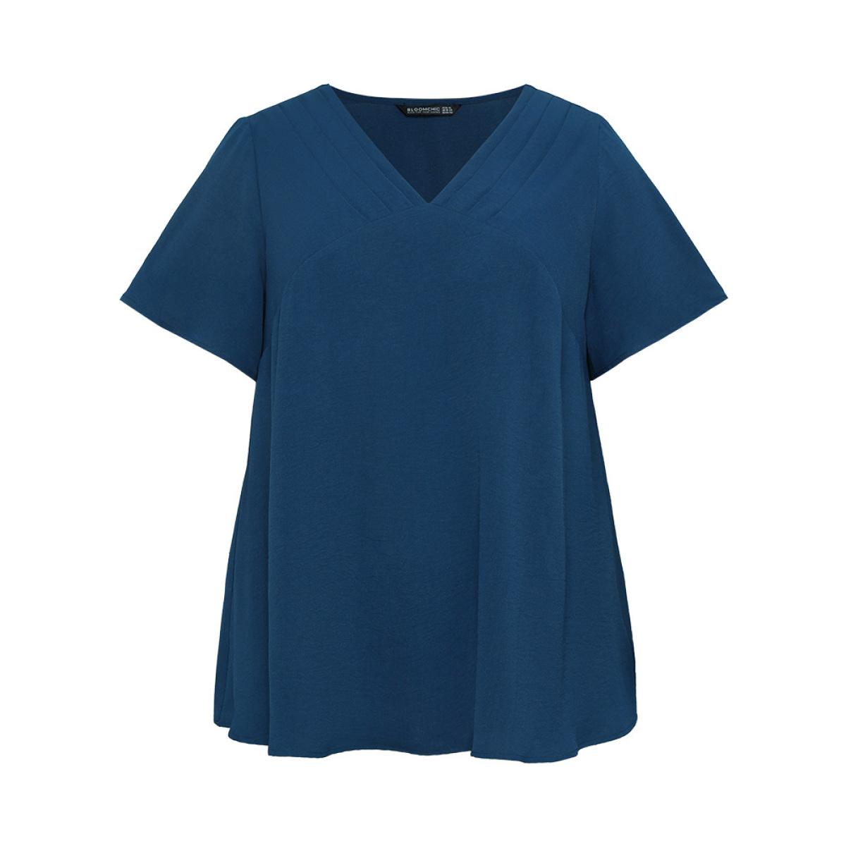 Plus Size Aegean Solid Pleated V Neck Blouse Women Office Short sleeve V-neck Dailywear Blouses BloomChic 26/4X Product Image