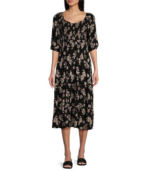 Angie Floral Print Sweetheart Neck 3/4 Sleeve Multi-Floral Smocked Bodice Midi Dress Product Image