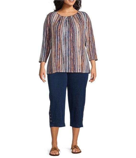 Intro Plus Size Knit Jersey Sand Abstract Stripe 3/4 Sleeve Pleated Neck Tee Product Image