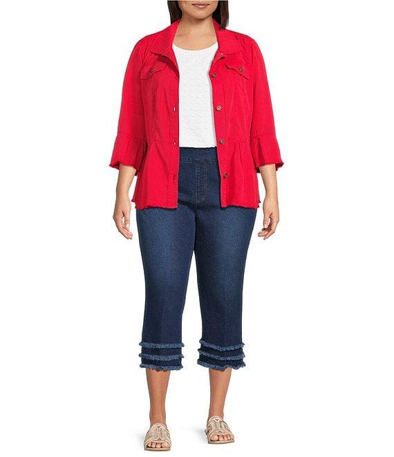 Multiples Plus Size Solid Lyocell Point Collar 3/4 Flounce Sleeve Button Front Peplum Jacket Product Image
