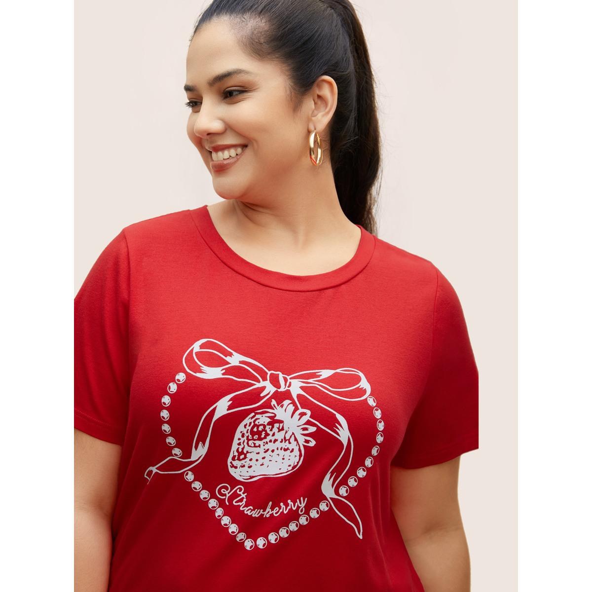 Plus Size Crew Neck Strawberry Print T-shirt Brightred Women Casual Contrast Fruit Round Neck Everyday T-shirts BloomChic 30/6X Product Image
