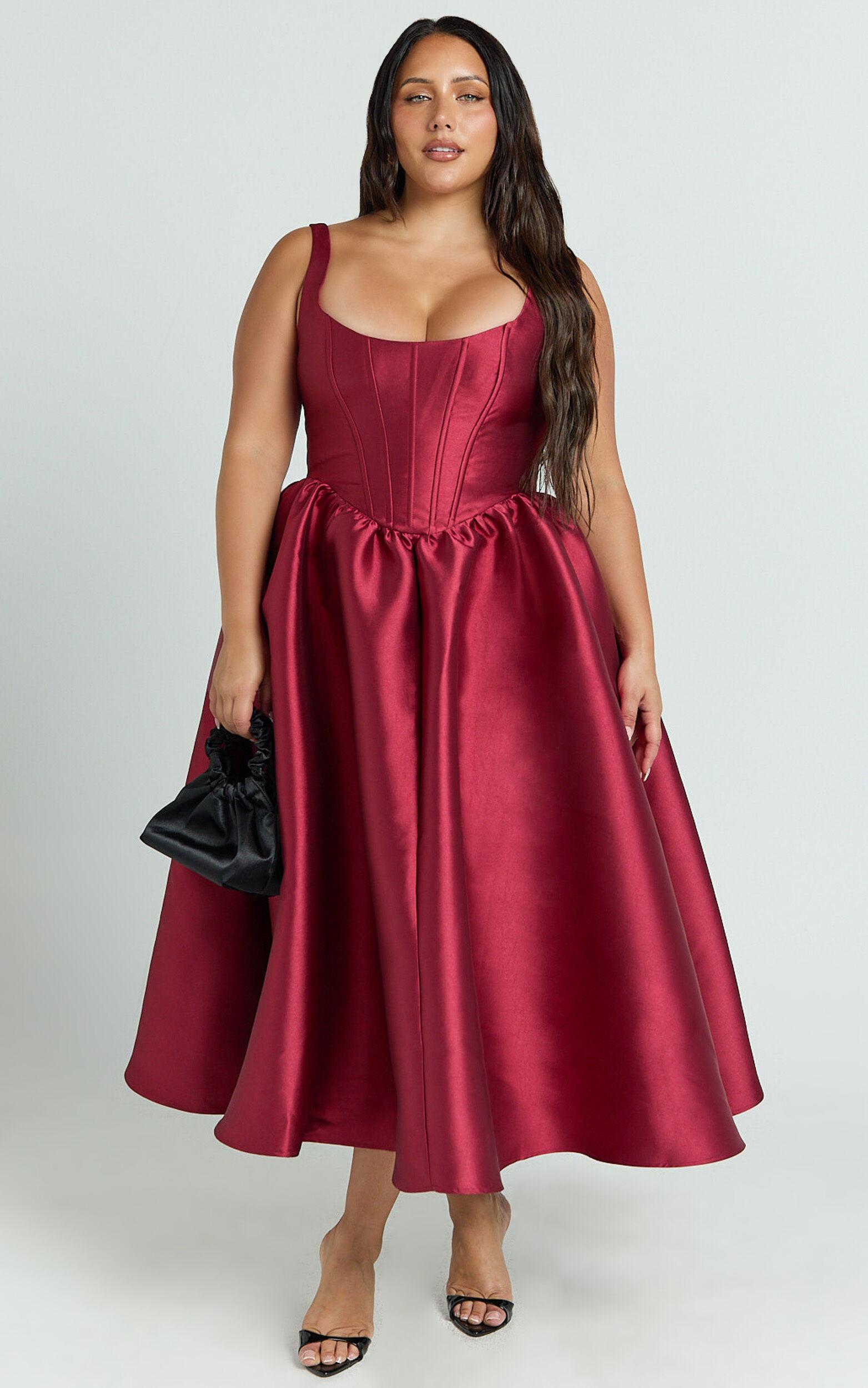 Courtney Midi Dress - Corset Panel Low Back Dress in Wine Product Image