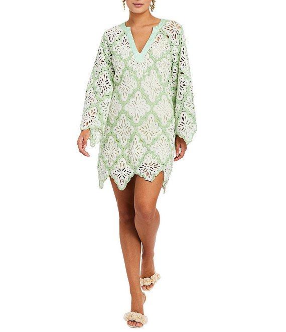 Mestiza New York Palermo Lace Split V-Neck Long Bell Sleeve Scallop Dress Product Image