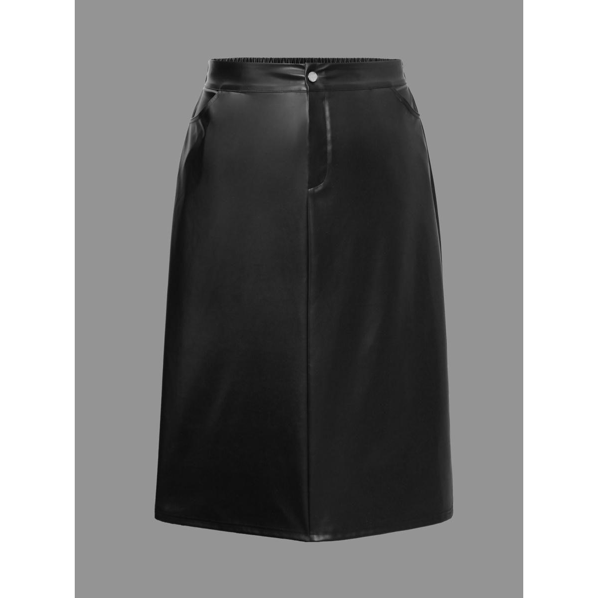 Plus Size PU Leather Elastic Waist Split Hem Skirt Women Black Elegant Slit Low stretch Slanted pocket Everyday Skirts BloomChic 28/5X Product Image