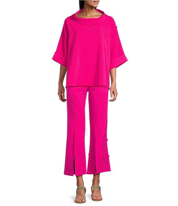 IC Collection Knit Fold Funnel Neck Elbow Sleeve Floral Applique Tunic Product Image