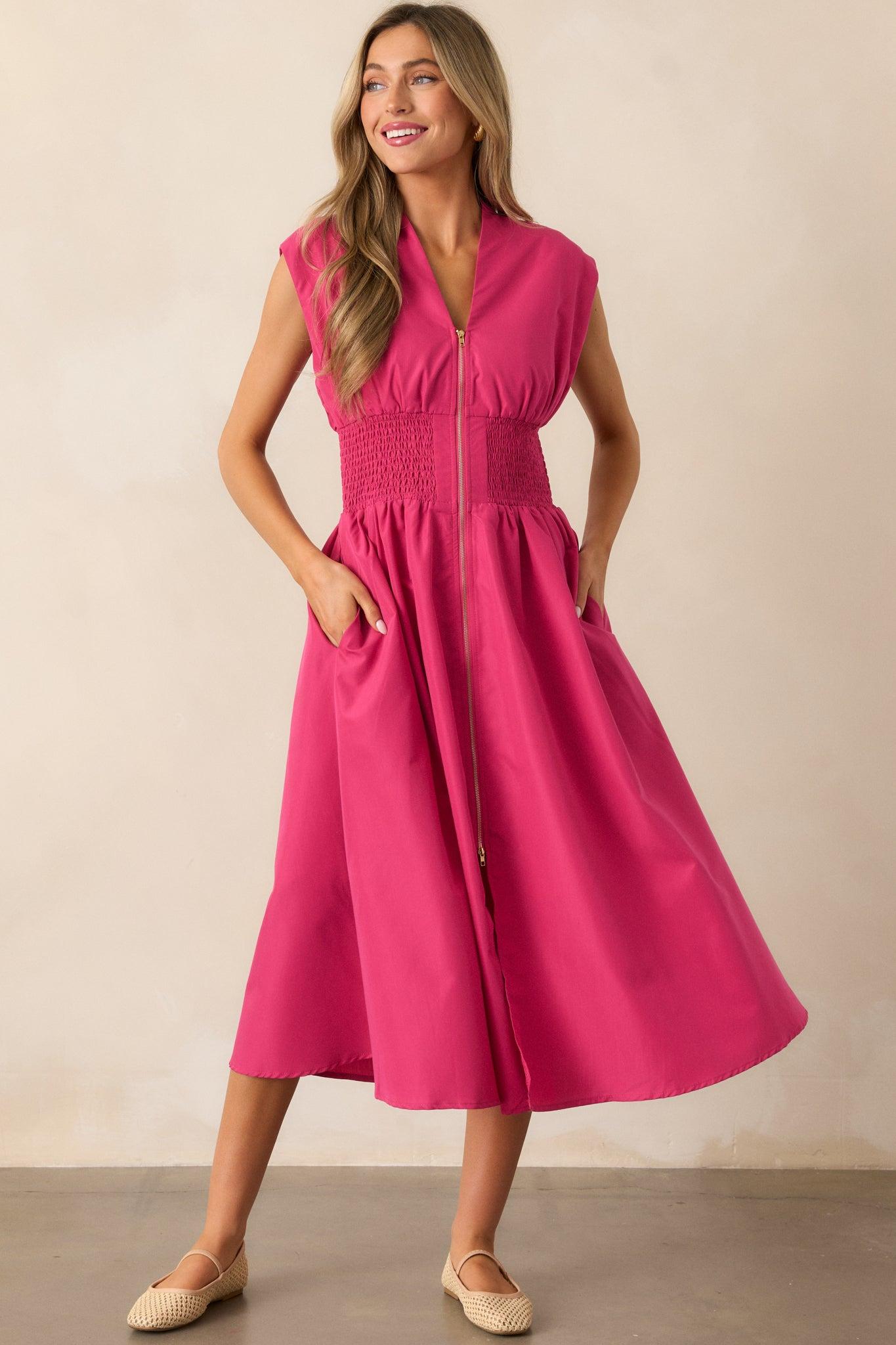 The Evette Magenta Pink Zip Front Midi Dress Product Image