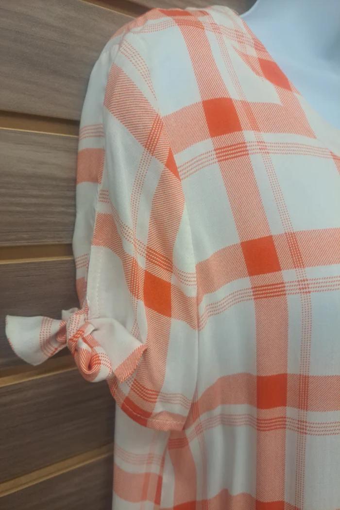 Tied short sleeve orange plaid linen Product Image