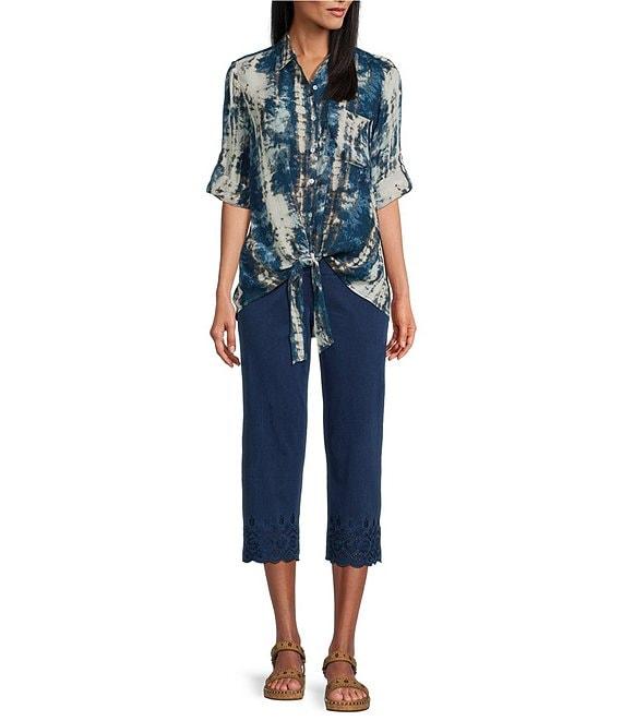 Intro Crinkle Gauze Printed Point Collar 3/4 Roll-Tab Sleeve Tie Front Hem Shirt Product Image