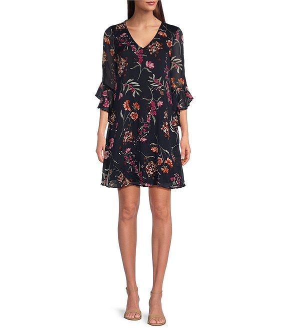 Calvin Klein 3/4 Sleeve V-Neck Floral Chiffon Shift Dress Product Image
