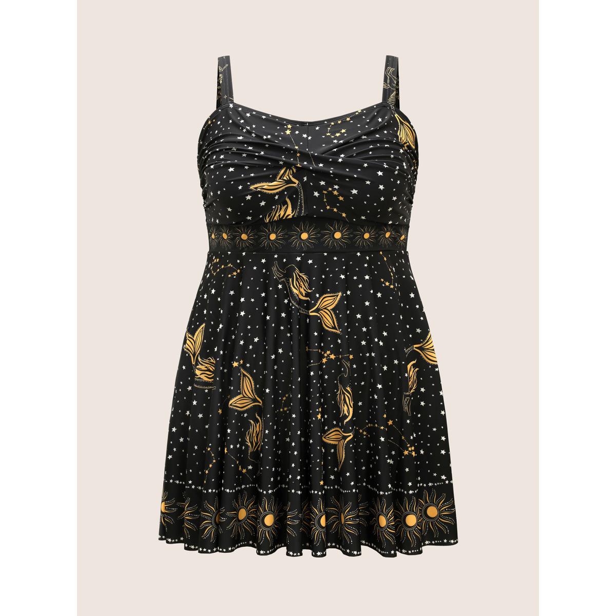 Plus Size Star & Sun Print Heart Neckline Crossover Swim Dress Women's Swimwear Black Beach Bodycon Heart neckline High stretch Curve Swim Dresses BloomChic 14-16/1X Product Image