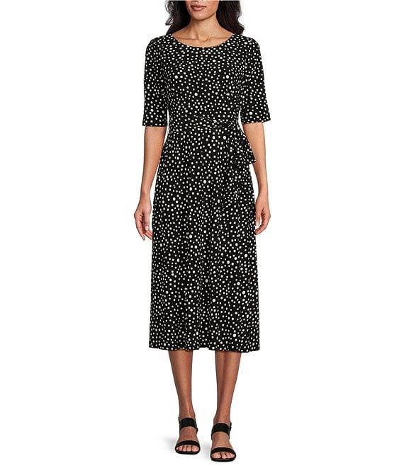 Kasper Stretch Dot Print Crew Neckline Short Sleeve Fit and Flare Midi Dress Product Image