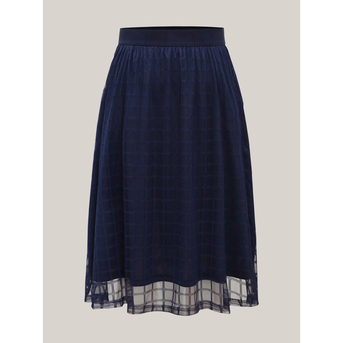 Plus Size Plaid Pattern Pleated Line Midi Skirt Women Indigo Elegant Tiered No stretch Everyday Skirts BloomChic 18-20/2X Product Image